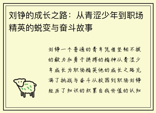 刘铮的成长之路：从青涩少年到职场精英的蜕变与奋斗故事